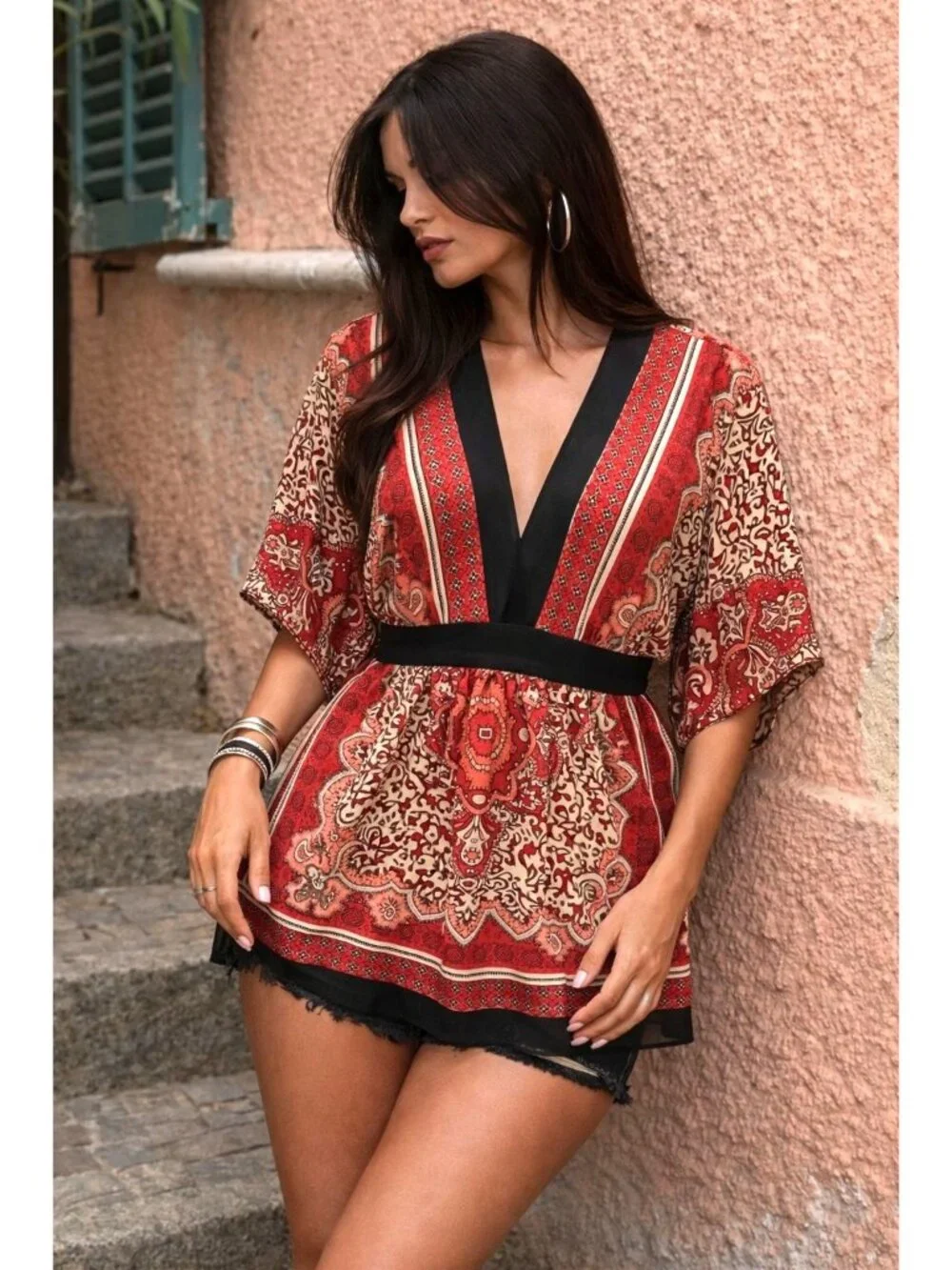 Forever 21 Size S Red Black Paisley Empire Waist Tunic Top Boho Festival Romance - Picture 1 of 13